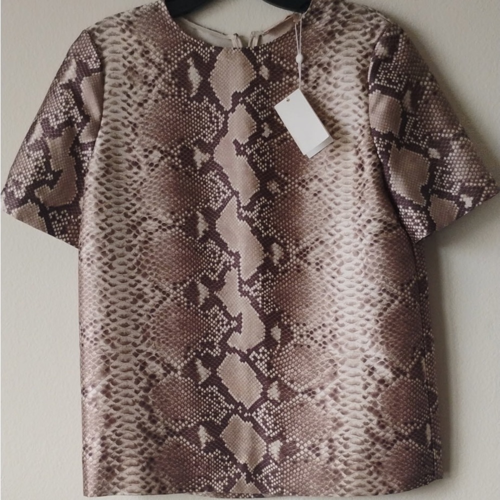 Tory Burch Taupe Snake-Print Short Sleeve Top Silk/ Wool blend SZ 2 NWT